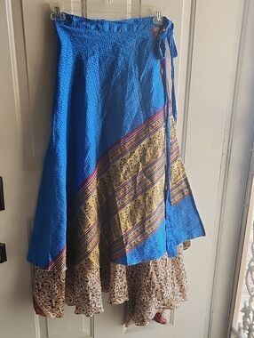 Bohemian Blue Wrap Maxi Skirt with Patterned Panels